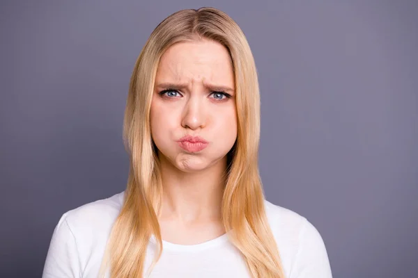 Close up photo beautiful her she lady impolite facial expression awful terrible situation cry offense boyfriend hold breath show bad character wear casual white t-shirt isolated dark grey background