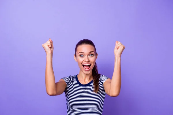 Portrait of her she nice-looking attractive lovely charming cute cheerful cheery girl showing amazement satisfaction gesture isolated on violet purple vivid shine bright background — Stock Photo, Image