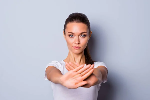 Close up photo amazing beautiful she her her lady pretty hairstyle arms hands fingers palms crossed not allow violence stop war make love calling wear casual white t-shirt clothes isolated grey background — Foto de Stock