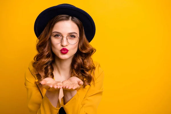 Close-up portrait of her she nice charming cute attractive lovely lovable sweet chic positive wavy-haired lady wearing yellow blazer sending kiss isolated on bright vivid shine orange background — Stock Photo, Image