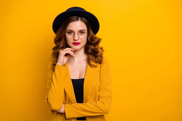 Portrait of her she nice-looking charming pretty lovely content chic luxury well-groomed wavy-haired lady in yellow jacket isolated on bright vivid shine orange background — Stok Foto