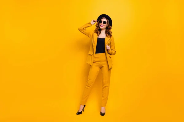Full length body size photo beautiful amazing funky she her toothy lady perfect look tourism shopping store mall laughter wear specs formal-wear costume suit isolated yellow bright background — Stock Photo, Image