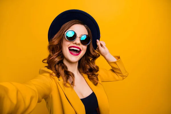 Close up photo beautiful dreamy funky she her lady make take selfies vacation white perfect teeth red pomade lips lipstick wear hat sun specs formal-wear suit isolated yellow bright background — Stock Photo, Image