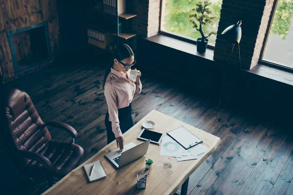 Topo acima da visão de alto ângulo dela ela atraente elegante mandona ocupado senhora tubarão especialista trabalhando no laptop no moderno loft industrial interior estilo local de trabalho estação dentro de casa — Fotografia de Stock