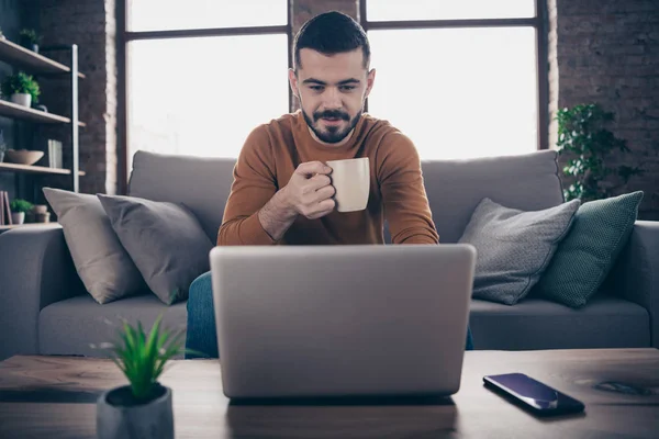 Retrato de buen trabajador autónomo guapo trabajo sostener la mano taza de bebida aroma enfocado sit divan uso dispositivo de usuario vestido suéter naranja pulóver apartamento grande — Foto de Stock