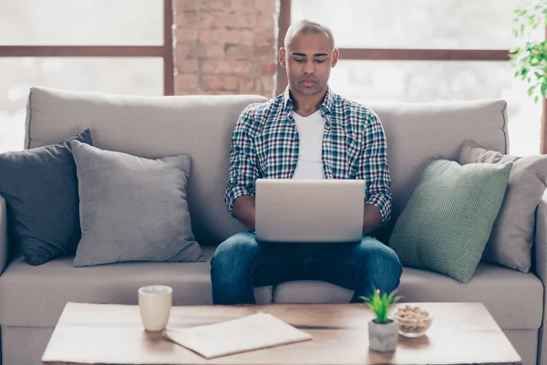 Porträt von charmant edel Freelancer sitzen Diwan trendy stilvoll gemütlich gekleidet kariert modische Kleidung Hemd Jeans konzentriert halten Hand moderne Technologie Raum — Stockfoto