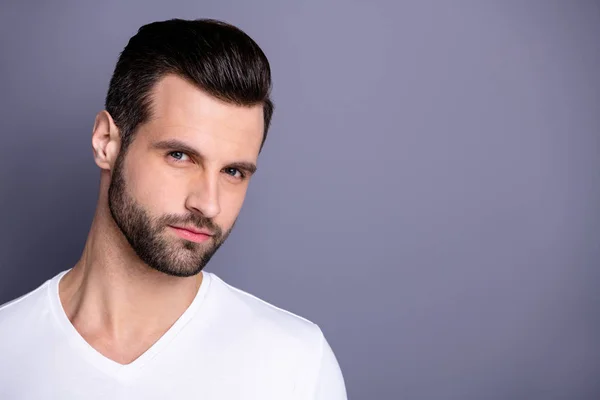 Close up photo amazing he him his macho perfect ideal appearance neat bristle face calm not talk tell speak say smile ponder pensive contemplation wear casual white t-shirt isolated grey background — Stock Photo, Image