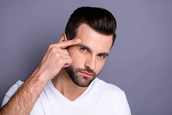 Close up photo amazing he him his macho perfect appearance touch hand temple not sure good quality stylist work not smiling look mirror bath shower wear casual white t-shirt isolated grey background — Stock Photo, Image