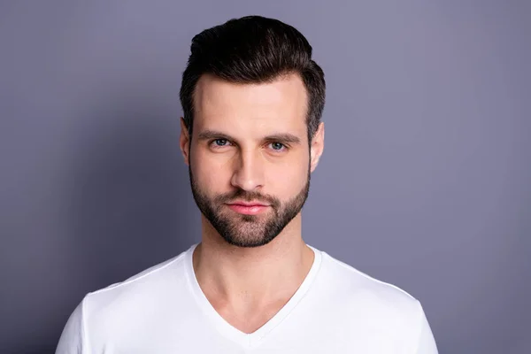 Close up photo amazing he him his  macho perfect ideal appearance neat bristle easy-going reliable person look calm not talk tell speak say smile wear casual white t-shirt isolated grey background — Stock Photo, Image
