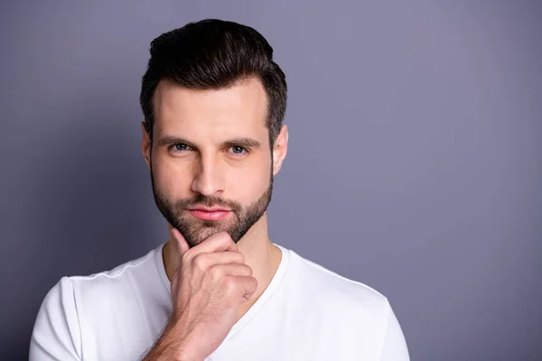 Close up photo amazing he he he he his macho perfect appearance look bath mirror shower groomed neat stubble mustache test quality new balm gel wondered wear casual white t-shirt isolated grey background — Foto de Stock