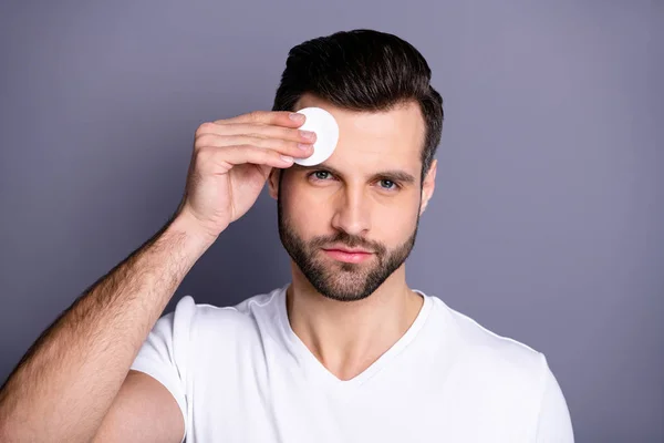 Close up photo amazing he he he he his macho hairdo after barber shop stylist visit clean facial perfect ideal skin hydrurizer look mirror bath shower wear casual white t-shirt isolated grey background — Foto de Stock