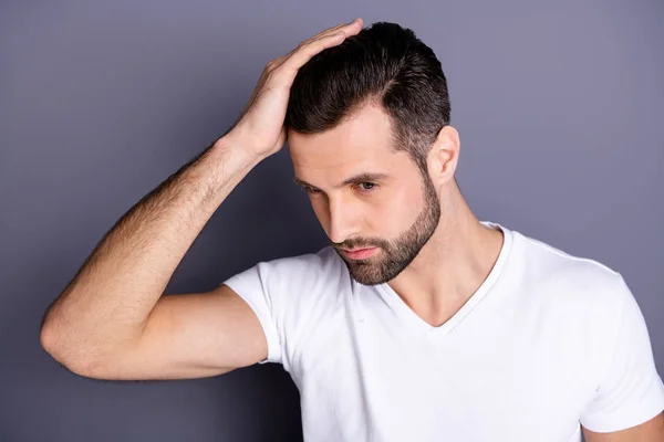 Close up top above high angle photo amazing he him his macho touch arm hand neat groomed head haircut not smiling look mirror bath empty space wear casual white t-shirt isolated grey background — Stock Photo, Image