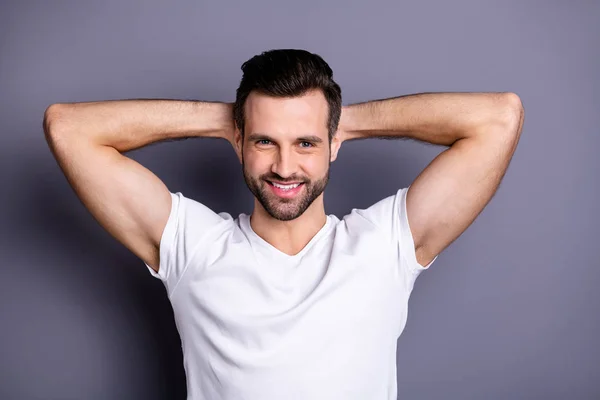 Close-up portrait of his he nice-looking attractive cheerful cheery bearded guy having rest chill out isolated over gray pastel violet purple background — Stock Photo, Image