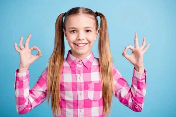 Close up photo beautiful amazing she her little lady fingers hands okey symbol advising test school best student feedback wear casual checkered plaid pink shirt isolated bright blue background — стоковое фото