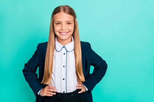 Close up photo beautiful she her her little lady pretty hairdress like studying school weekend vacation hands arms sides wear formalwear shirt blazer school form isolated bright teal turquoise background —  Fotos de Stock