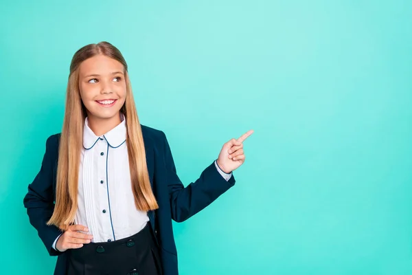 Close up photo beautiful she her her little lady pretty hairdo like love study school hand arm index finger empty space wear formalwear shirt blazer school form isolated bright teal turquoise background — Foto de Stock