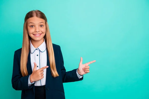 Close up photo beautiful she her her little lady love study education hand arm index finger empty space low prices school wear formalwear shirt blazer school form isolated bright teal turquoise background — Foto de Stock