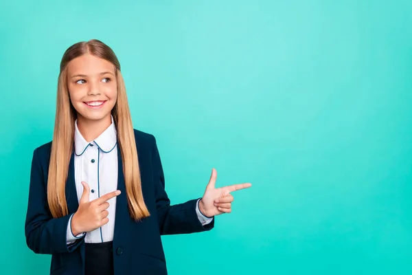 Close up photo beautiful she her her little lady love study education hand arm index finger empty space low prices school wear formalwear shirt blazer school form isolated bright teal turquoise background — Foto de Stock
