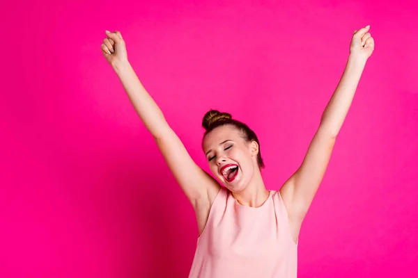 Portrait of cute funny funky thrilled lady celebrate championship positive expression scream shout raise fists yeah isolated she her colorful background pastel-colored clothes top-knot — Stock Photo, Image
