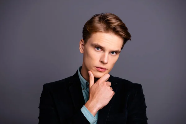 Close up photo amazing he him his guy macho perfect ideal appearance hairstyle reliable business person fingers arm hand chin wondered look formal-wear shirt velvet jacket isolated grey background — Stock Photo, Image