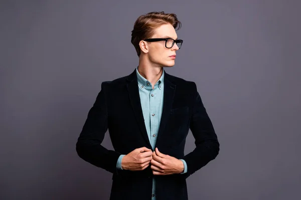 Close up photo amazing he him his guy macho perfect appearance hairstyle look side empty space reliable person fingers arm hand button up formal-wear shirt velvet jacket isolated grey background — Stock Photo, Image