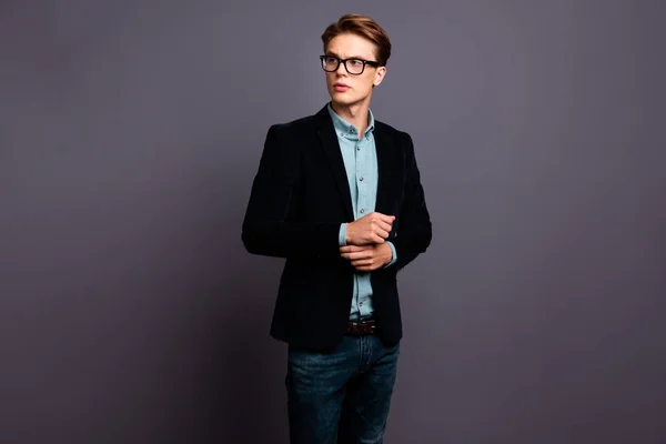 Close up photo amazing he him his guy macho specs eyewear perfect appearance hairstyle look side empty space fingers arm hand button up formal-wear shirt velvet jacket isolated grey background — Stock Photo, Image