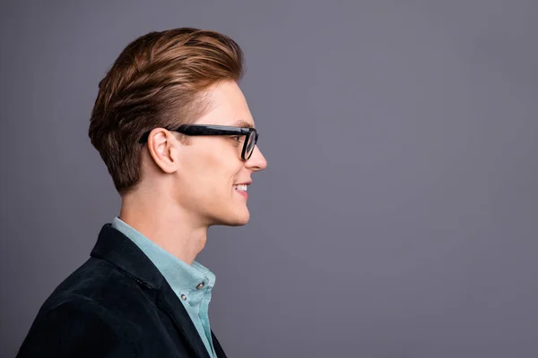 Close up side profile photo amazing he him his guy macho perfect appearance hairstyle look empty space wondered listen good news white teeth formal-wear shirt velvet jacket isolated grey background — Stock Photo, Image