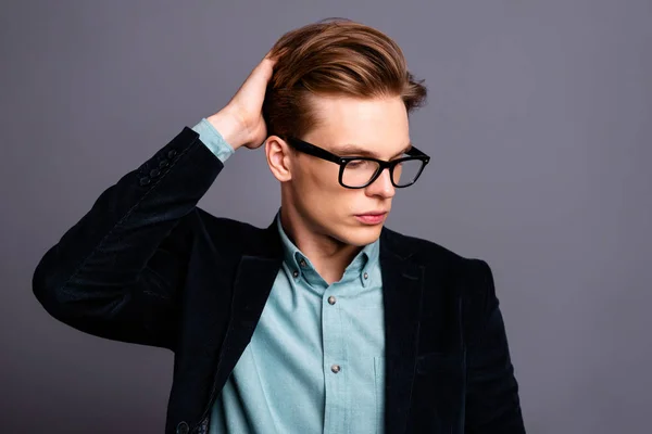 Close up photo amazing he him his guy macho perfect appearance new made hairstyle styling hairdresser look empty space eyewear eyeglasses formal-wear shirt velvet jacket isolated grey background — Stock Photo, Image