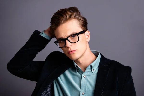 Close up photo amazing he him his guy macho perfect appearance new made hairstyle styling hairdresser look wondered mirror eyewear eyeglasses formal-wear shirt velvet jacket isolated grey background — Stock Photo, Image