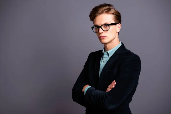 Close up side profile photo amazing he him his guy macho specs perfect appearance hairstyle arms crossed strict chief leadership not smile formal-wear shirt velvet jacket isolated grey background — Stock Photo, Image