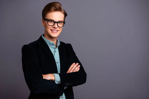 Close up side profile photo amazing him his guy macho specs perfect appearance hairstyle arms crossed easy-going chief leadership white teeth formal-wear shirt velvet jacket isolated grey background — Stock Photo, Image