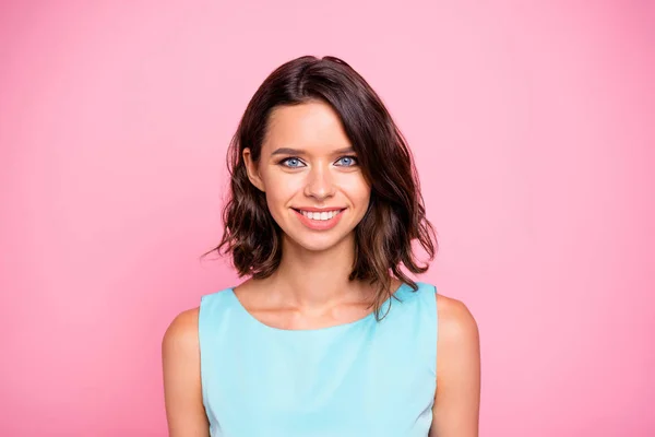Close up photo amazing beautiful she her lady attractive appearance show ideal white teeth plump allure tempting lips wear cute shiny colorful blue dress isolated pink rose bright vivid background — Stock Photo, Image