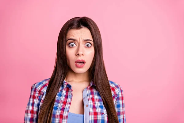 Portrait of cute girlish lady teen teenager astonished impressed grimace scream shout wonder terrible information open mouth dressed youth modern plaid clothing isolated pink pastel background — Stock Photo, Image