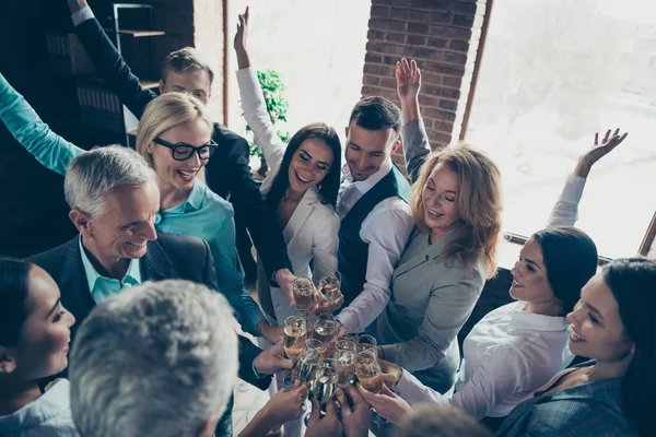 Above high angle view of beautiful attractive cheerful positive elegant classy chic stylish professional business people sharks celebrating company great progress at space workplace workstation