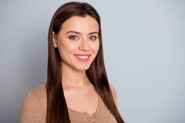 Close up side profile photo cool beautiful amazing she her lady ideal appearance self-confident silent kindhearted look lovely adorable wear casual pastel brown pullover isolated grey background — стоковое фото