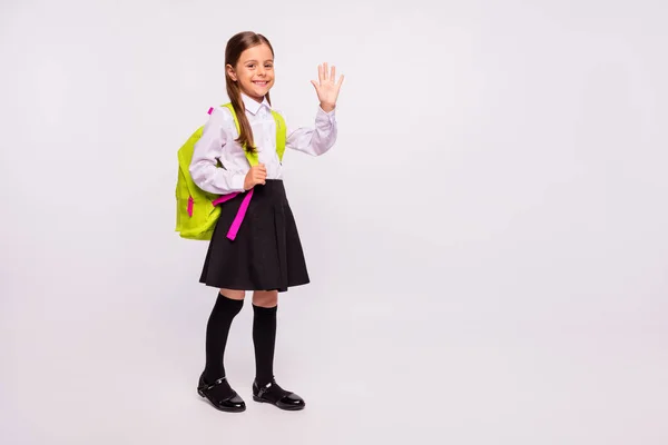 Full length body size view portrait of her she nice attractive lovely friendly cheerful pre-teen girl waving hi hello isolated over light white grey background — стоковое фото