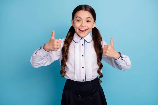 Portret van opgewonden Kid akkoord uitstekende keuze beslissing slijtage witte blouse zwarte rok geïsoleerd over blauwe achtergrond — Stockfoto