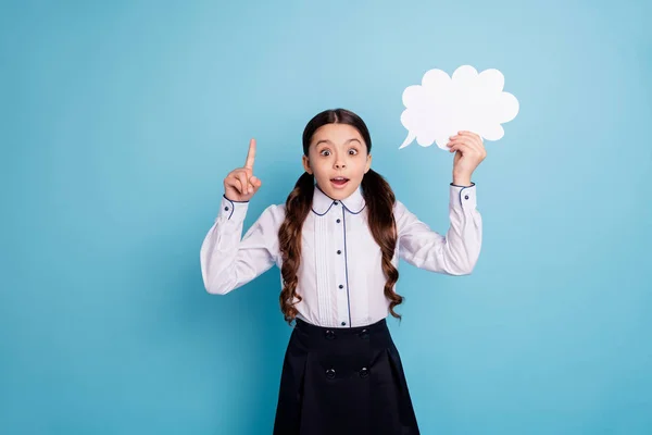 Portrait of astonished kid hold hand paper cloud wear white stylish trendy skirt blouse isolated over blue background — Stock Photo, Image