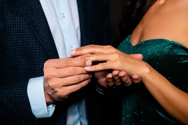 Cropped close-up portrait of nice gorgeous attractive luxury shine perfect fascinating two person making expensive propose best dream rich wealthy guy isolated over black background — Stock Photo, Image