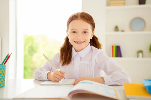ポジティブ陽気なかわいい女の子の子供のクローズアップ写真は、ペンキツネの生姜の髪型の尾を持っているポニーテール白いシャツブラウスモダンな座り教室 — ストック写真