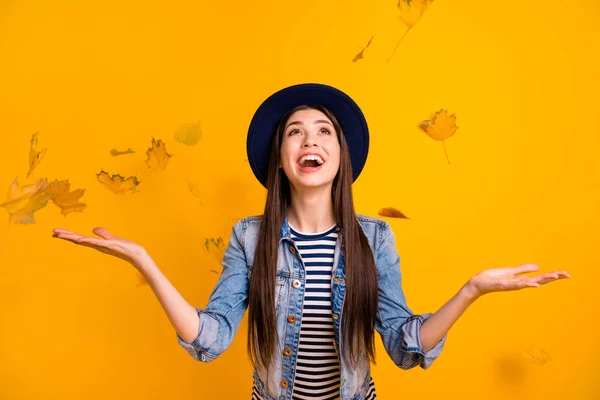 Retrato de ella ella agradable encantador guapo atractivo optimista alegre alegre alegre de pelo recto dama lanzando hojas que se divierten tiempo aislado sobre brillante brillante brillo amarillo fondo —  Fotos de Stock