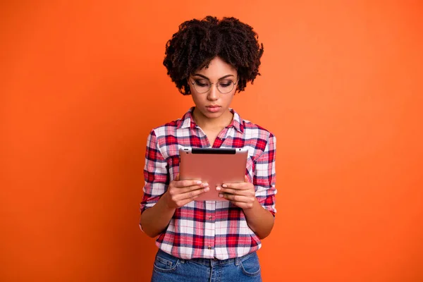 Portrait of nice cute attractive smart clever intellectual wavy-haired lady nerd wearing checked shirt reading news digital e-book isolated over bright vivid shine orange background — Stock Photo, Image
