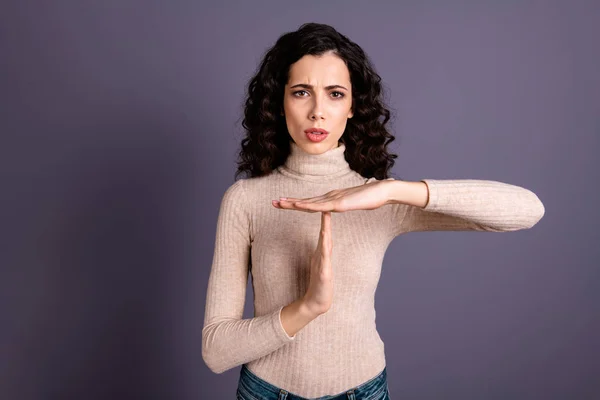 Portrait of her she nice-looking lovely attractive charming cute wavy-haired lady showing conflict break sign communication isolated over gray pastel background — Stock Photo, Image