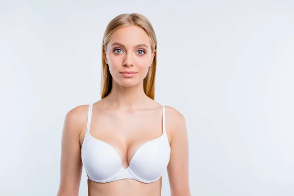 Healthy lifestyle concept. Portrait of nice cute lovely winsome fascinating attractive blonde girl wearing bra isolated over light gray background — Stock Photo, Image