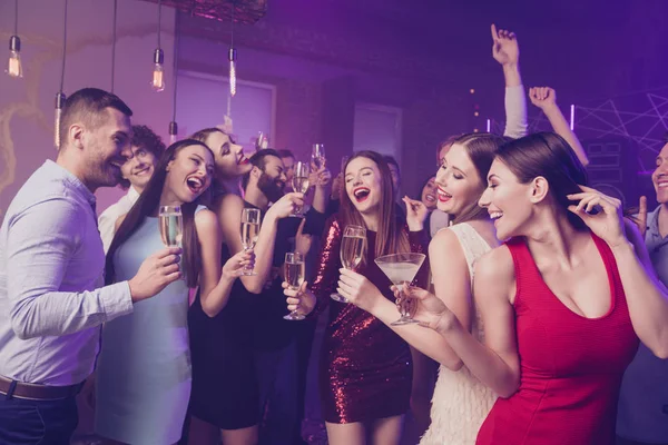 Portrait of nice adorable elegant fascinating glamorous chic smart attractive cheerful cheery positive dreamy glad ladies and guys having fun birthday rest relax nightlife at fogged lights nightclub — Stock Photo, Image