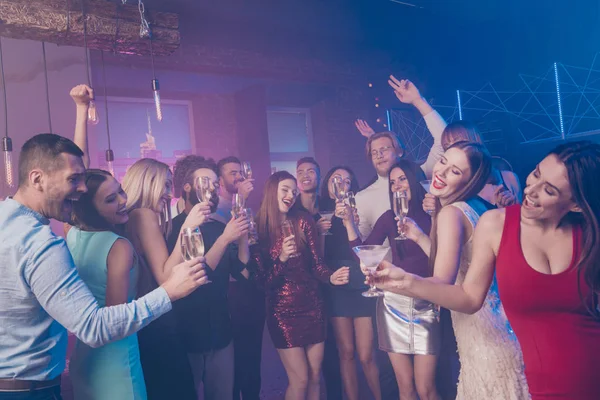 Portrait of nice shine well-dressed glamorous smart attractive cheerful cheery glad ladies and guys having fun birthday surprise occasion rest relax nightlife at fogged lights nightclub indoors — Stock Photo, Image