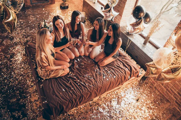 Best before wedding marriage night evening event concept. Top above high angle view photo of five stunning fashionable chic tender positive cheerful excited she ladies sitting on sheets linen loft