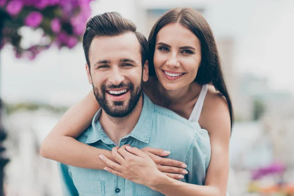 Close up photo of cute attractive nice pretty people youth fun free time vacation tourists wear blue shirt white modern trendy stylish people outfit beard outside — Stock Photo, Image