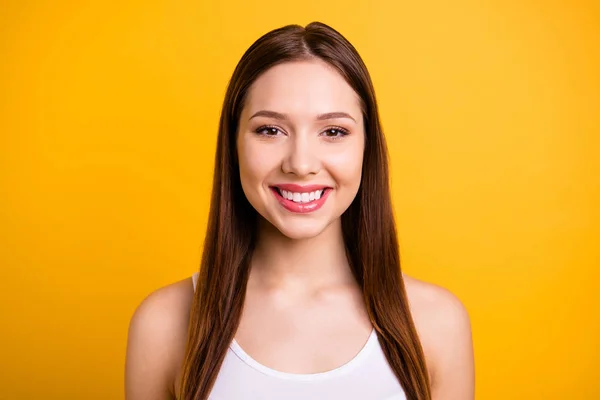 Close up photo beautiful amazing she her lady ideal plump lips sincere kind self-confident easy-going listening great good news novelty wear casual white tank-top isolated bright yellow background — Stock Photo, Image