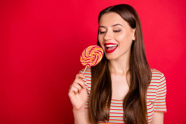 Close-up photo portrait of charming cute pretty dreamy lovely nice glad teenager want to eat all the candies she has isolated bright background copy space — Stock Photo, Image